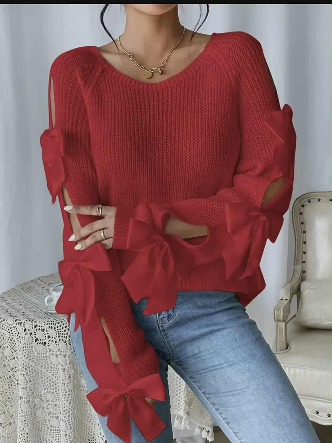 Ruffled-Bow Sleeve Sweater